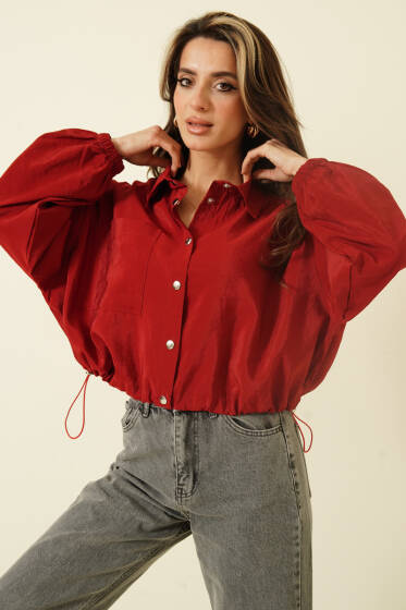 Çıtçıtlı Paraşüt Kısa Gömlek Bordo - Kadın Giyim Modelleri