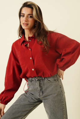 Çıtçıtlı Paraşüt Kısa Gömlek Bordo - Kadın Giyim Modelleri