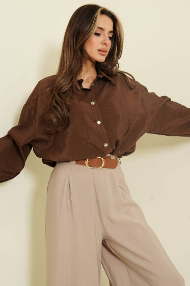 Çıtçıtlı Paraşüt Kısa Gömlek Kahve - Kadın Giyim Modelleri