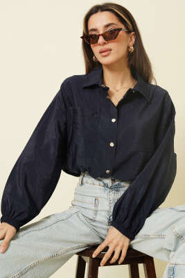 Çıtçıtlı Paraşüt Kısa Gömlek Lacivert - Kadın Giyim Modelleri
