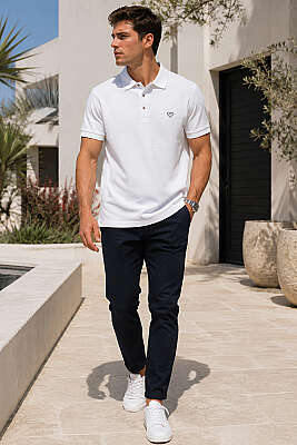 Çıtçıtlı Polo Yaka Erkek T-shirt Beyaz - Erkek T-shirt