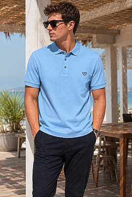 Çıtçıtlı Polo Yaka Erkek T-shirt Mavi - HİT TİME