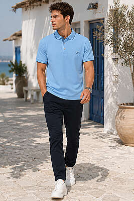 Çıtçıtlı Polo Yaka Erkek T-shirt Mavi - Erkek T-shirt
