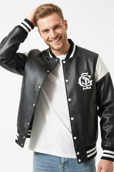 Çıtçıtlı Ribanalı Deri Erkek Kolej Ceket Siyah - Erkek Ceket