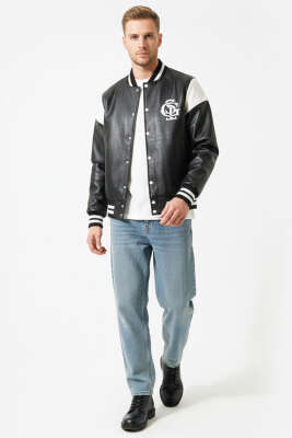 Çıtçıtlı Ribanalı Deri Erkek Kolej Ceket Siyah - Erkek Ceket