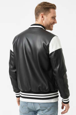 Çıtçıtlı Ribanalı Deri Erkek Kolej Ceket Siyah - Erkek Ceket