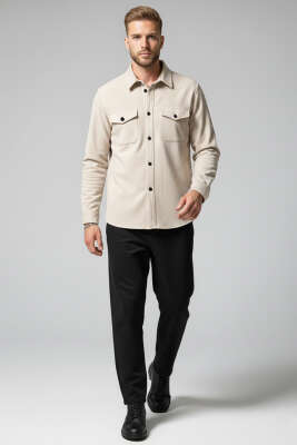 Çıtçıtlı Süet Erkek Gömlek Bej - Erkek Gömlek