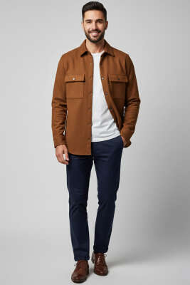 Çıtçıtlı Süet Erkek Gömlek Taba - Erkek Gömlek