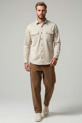 Çıtçıtlı Süet Erkek Gömlek Taş - Erkek Gömlek