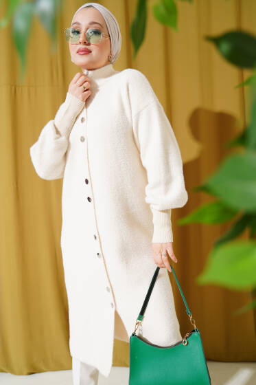 Çıtçıtlı Uzun Angora Hırka Bej - Hırka