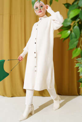 Çıtçıtlı Uzun Angora Hırka Bej - Triko Hırka