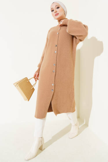 Çıtçıtlı Uzun Angora Hırka Camel - Hırka