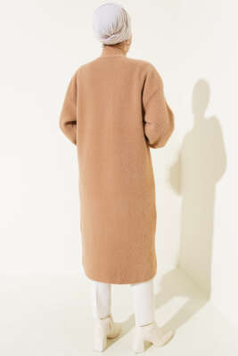 Çıtçıtlı Uzun Angora Hırka Camel - Triko Hırka