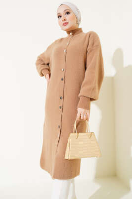 Çıtçıtlı Uzun Angora Hırka Camel - Triko Hırka