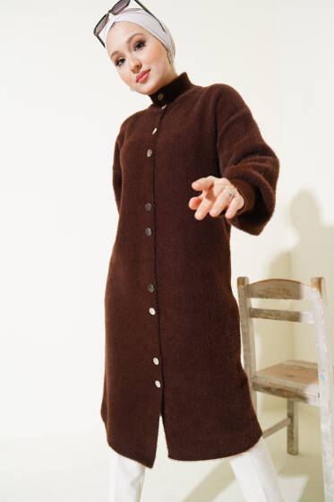 Çıtçıtlı Uzun Angora Hırka Kahve - Hırka