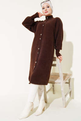 Çıtçıtlı Uzun Angora Hırka Kahve - Triko Hırka