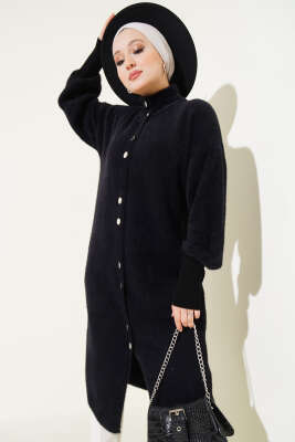 Çıtçıtlı Uzun Angora Hırka Siyah - Triko Hırka