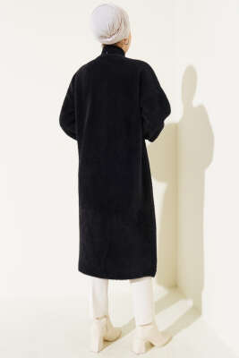 Çıtçıtlı Uzun Angora Hırka Siyah - Triko Hırka