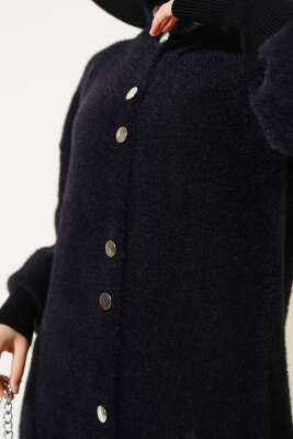 Çıtçıtlı Uzun Angora Hırka Siyah - Triko Hırka