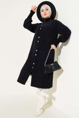 Çıtçıtlı Uzun Angora Hırka Siyah - Triko Hırka