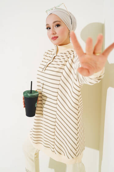 Çıtçıtlı Yarım Boğazlı Çizgili Tunik Çağla Yeşili - Tunik