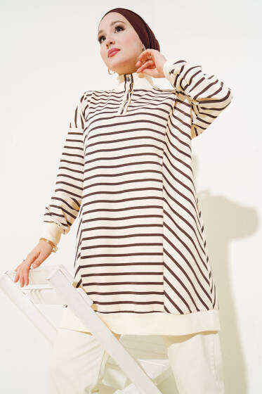 Çıtçıtlı Yarım Boğazlı Çizgili Tunik Kahve - Tunik