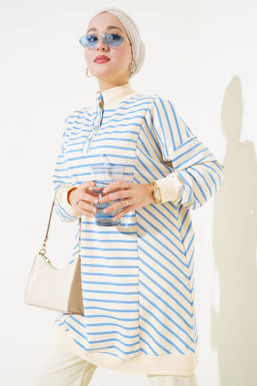 Çıtçıtlı Yarım Boğazlı Çizgili Tunik Mavi - Tunik