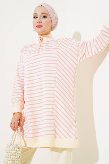 Çıtçıtlı Yarım Boğazlı Çizgili Tunik Pembe - Tunik