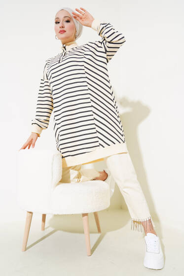 Çıtçıtlı Yarım Boğazlı Çizgili Tunik Siyah - Tunik