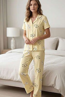 Civciv Baskılı Gömlek Yaka Kısa Kol Pijama Takımı Sarı - Pijama