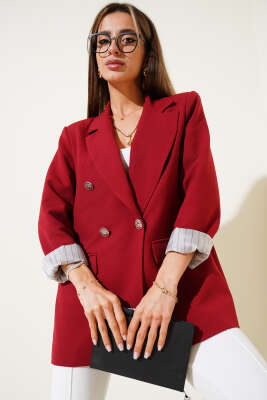 Çizgi Astarlı Dört Düğmeli Blazer Ceket Bordo - Kadın Giyim Modelleri