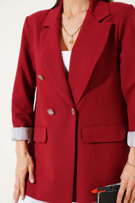 Çizgi Astarlı Dört Düğmeli Blazer Ceket Bordo - Kadın Giyim Modelleri