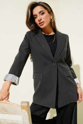 Çizgi Astarlı Düğmeli Blazer Ceket Antrasit - Kadın Giyim Modelleri