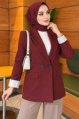 Çizgi Astarlı Düğmeli Blazer Ceket Bordo - HELLIE