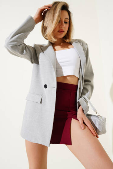 Çizgi Astarlı Düğmeli Blazer Ceket Gri - Kadın Giyim Modelleri