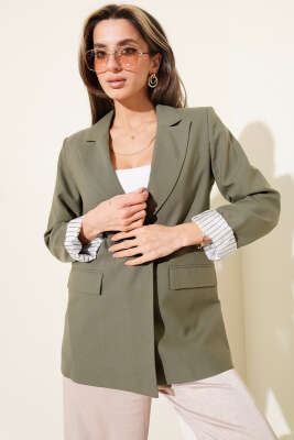Çizgi Astarlı Düğmeli Blazer Ceket Haki - Kadın Giyim Modelleri