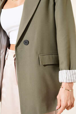Çizgi Astarlı Düğmeli Blazer Ceket Haki - Kadın Giyim Modelleri