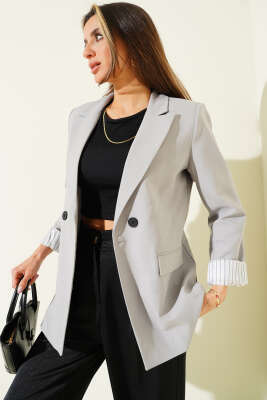 Çizgi Astarlı Düğmeli Blazer Ceket Kayrak Grisi - HELLIE