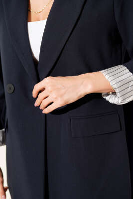 Çizgi Astarlı Düğmeli Blazer Ceket Lacivert - Kadın Giyim Modelleri