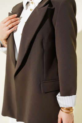 Çizgi Astarlı Kruvaze Yaka Blazer Ceket Kahve - Ceket