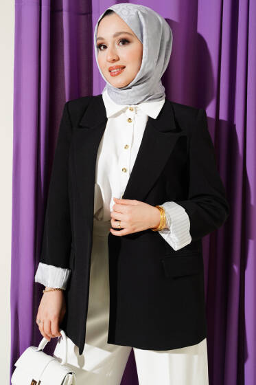 Çizgi Astarlı Kruvaze Yaka Blazer Ceket Siyah - Ceket
