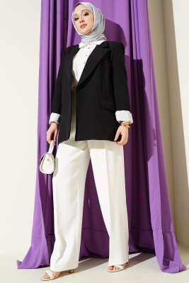 Çizgi Astarlı Kruvaze Yaka Blazer Ceket Siyah - Ceket