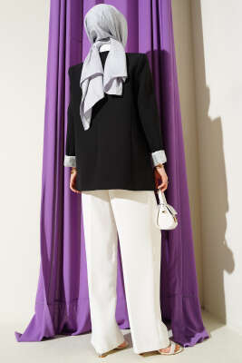 Çizgi Astarlı Kruvaze Yaka Blazer Ceket Siyah - Ceket