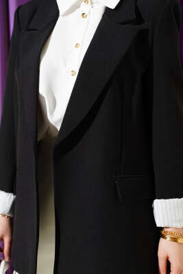 Çizgi Astarlı Kruvaze Yaka Blazer Ceket Siyah - Ceket