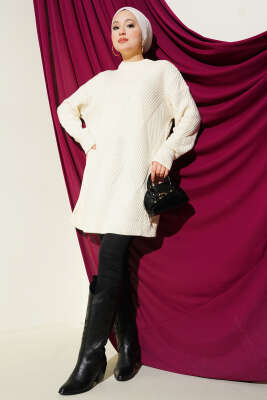 Çizgi Baklava Desen Triko Tunik Bej - Tunik