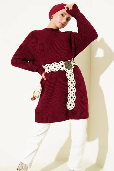 Çizgi Baklava Desen Triko Tunik Bordo - Tunik