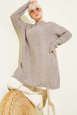 Çizgi Baklava Desen Triko Tunik Bronz - Tunik