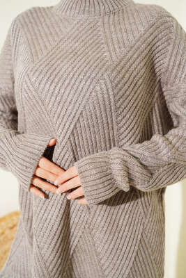 Çizgi Baklava Desen Triko Tunik Bronz - Tunik