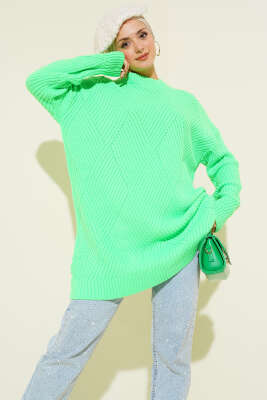 Çizgi Baklava Desen Triko Tunik Fıstık Yeşili - RAFİMİX