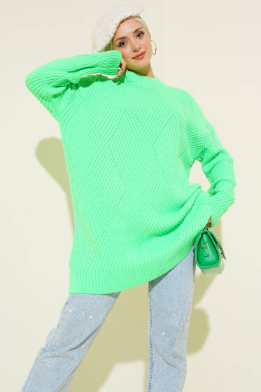 Çizgi Baklava Desen Triko Tunik Fıstık Yeşili - Tunik